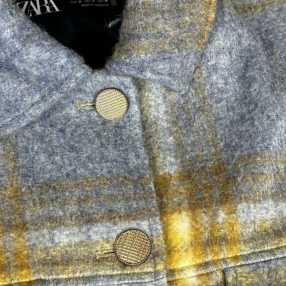 Zara Wool Blend Shirt Jacket Womens Medium Gray Yellow Oversized Button Shacket - Picture 4 of 12